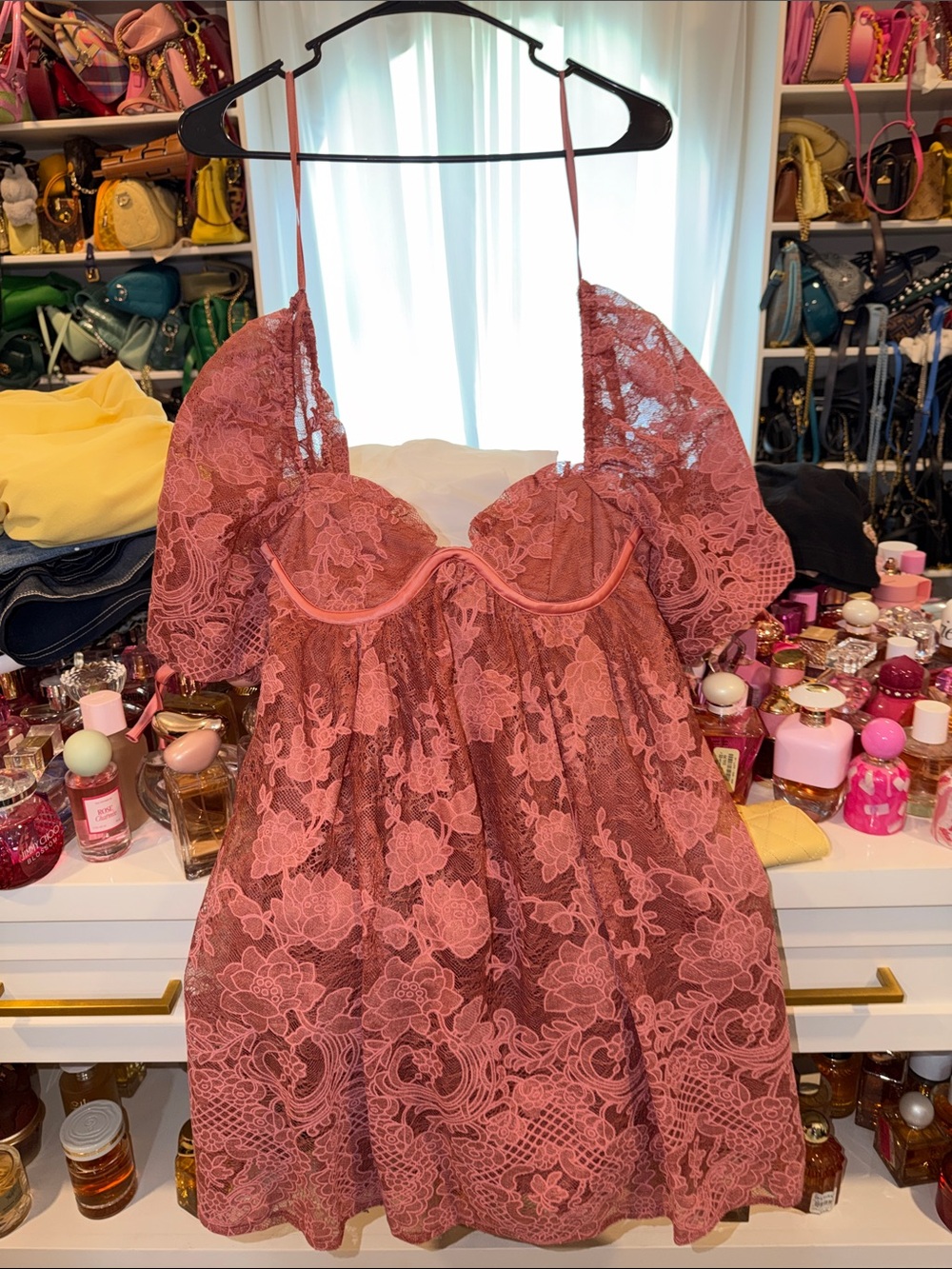 Floral Lace Babydoll Chemise in Dusty Rose